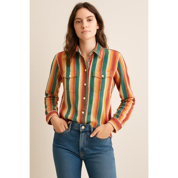Vintage Ralph Lauren Cotton Western Rainbow Striped Button Down Shirt Large - Picture 1 of 10